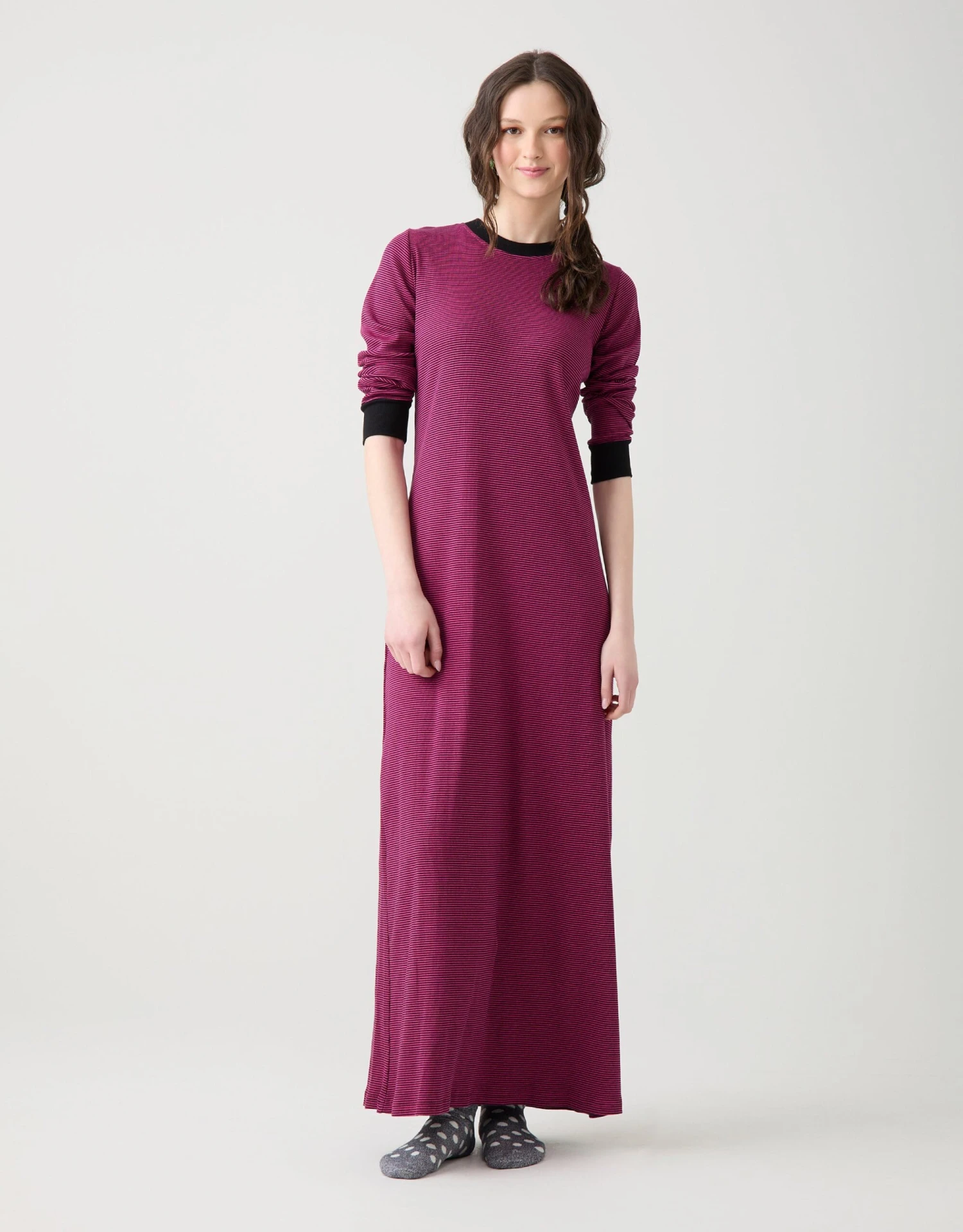 Striped Pull On Nightgown With Contrast Rib Fuschia Black 2 Striped Pull On Nightgown With Contrast Rib Fuschia Black - Image 2