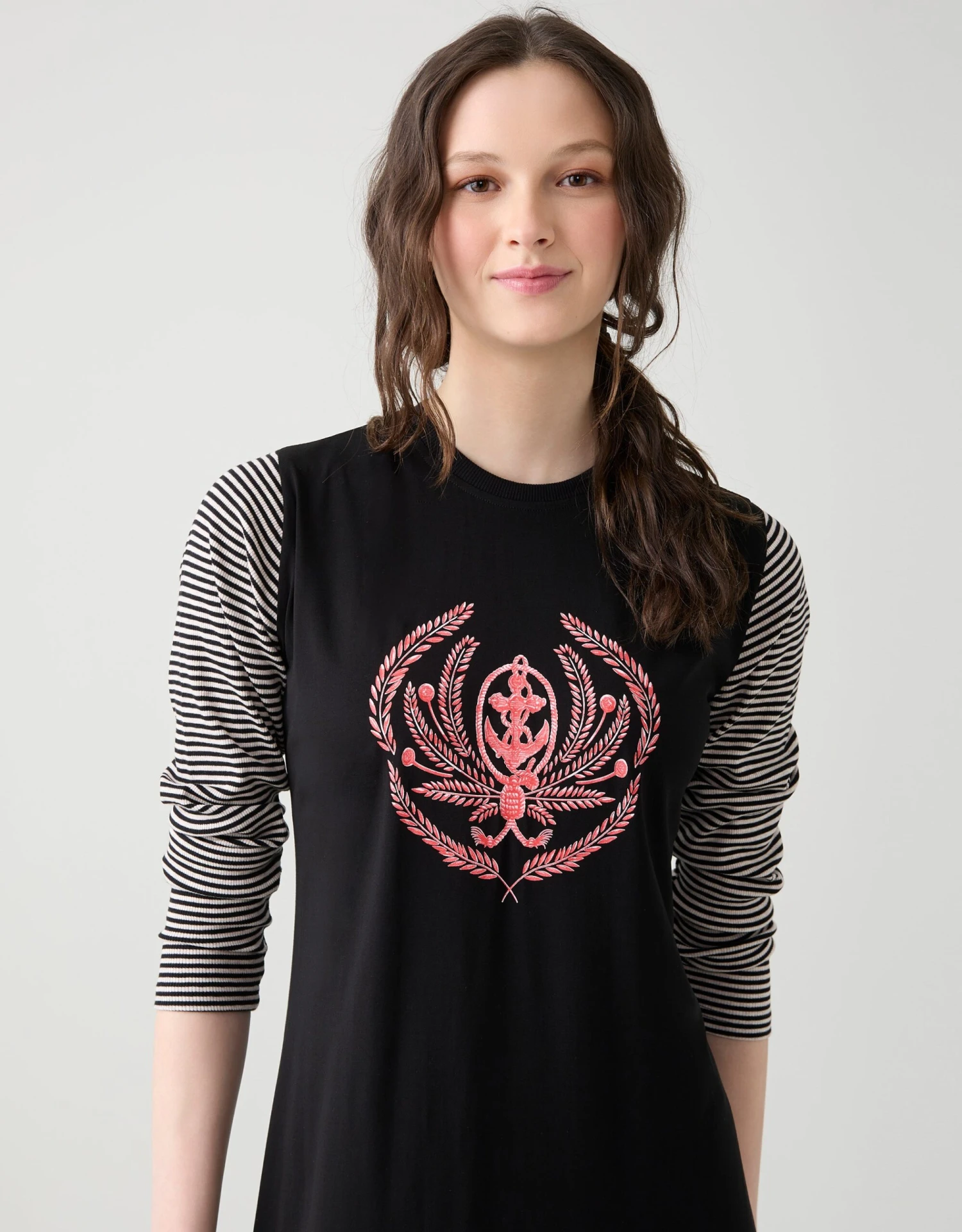 Pull On Nightgown With Crest Motif Black Stripe 1 Pull On Nightgown With Crest Motif Black Stripe