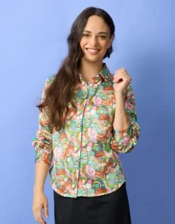Print Satin Shirt Turquoise Multi Sketch
