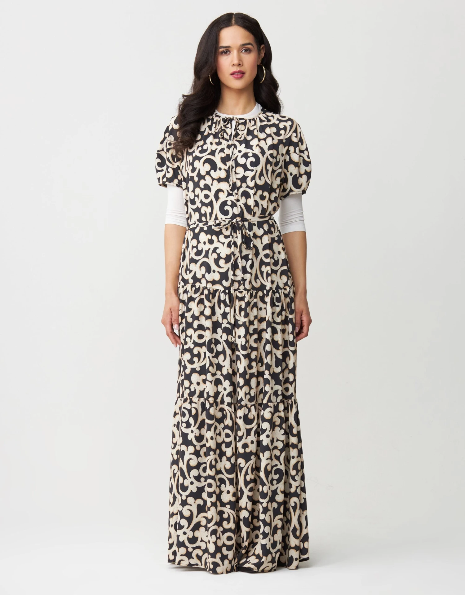 Tiered Print Tie Neck Maxi Dress Shabbos Robe 1 Tiered Print Tie Neck Maxi Dress Shabbos Robe
