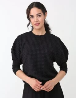 AVID Satin Seersucker Lantern Sleeve Top With Back Zipper Black