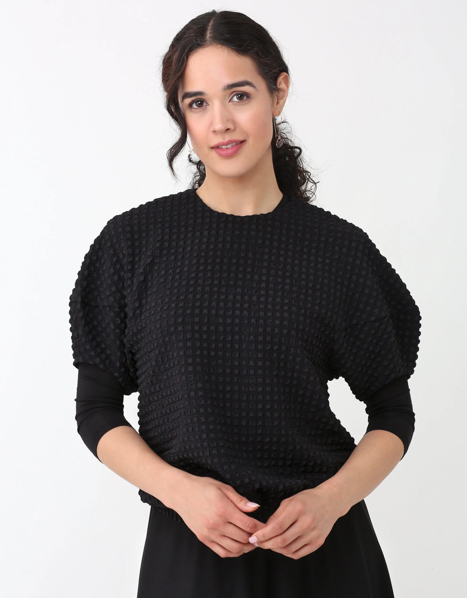 AVID Satin Seersucker Lantern Sleeve Top With Back Zipper Black 1 AVID Satin Seersucker Lantern Sleeve Top With Back Zipper Black