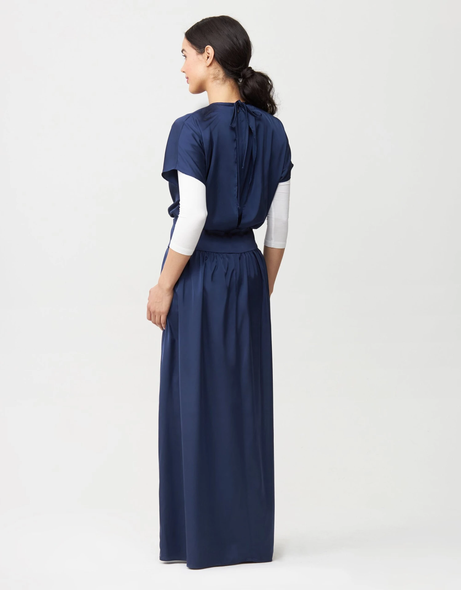 Satin Dropwaist Lined Maxi Dress Shabbos Robe With Back Tie Blue 2 Satin Dropwaist Lined Maxi Dress Shabbos Robe With Back Tie Blue - Image 2