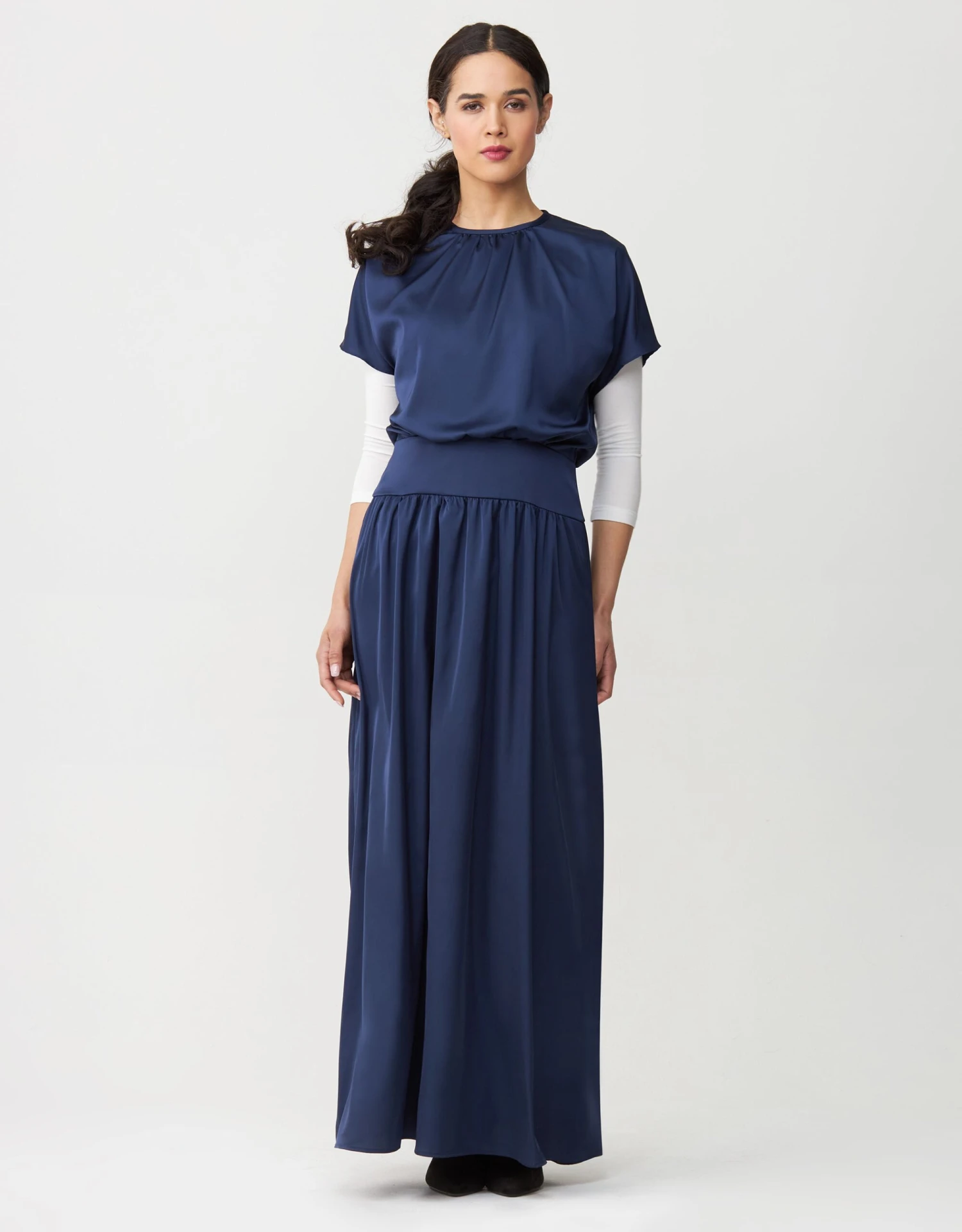 Satin Dropwaist Lined Maxi Dress Shabbos Robe With Back Tie Blue 1 Satin Dropwaist Lined Maxi Dress Shabbos Robe With Back Tie Blue
