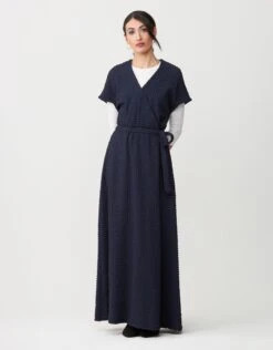 Satin Seersucker Lined Mock Wrap Maxi Dress Shabbos Robe With Self Tie Navy