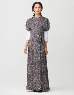 Satin Petal Sleeve Maxi Dress Shabbos Robe With Side Zip And Enclosed Self Tie Blk Floral