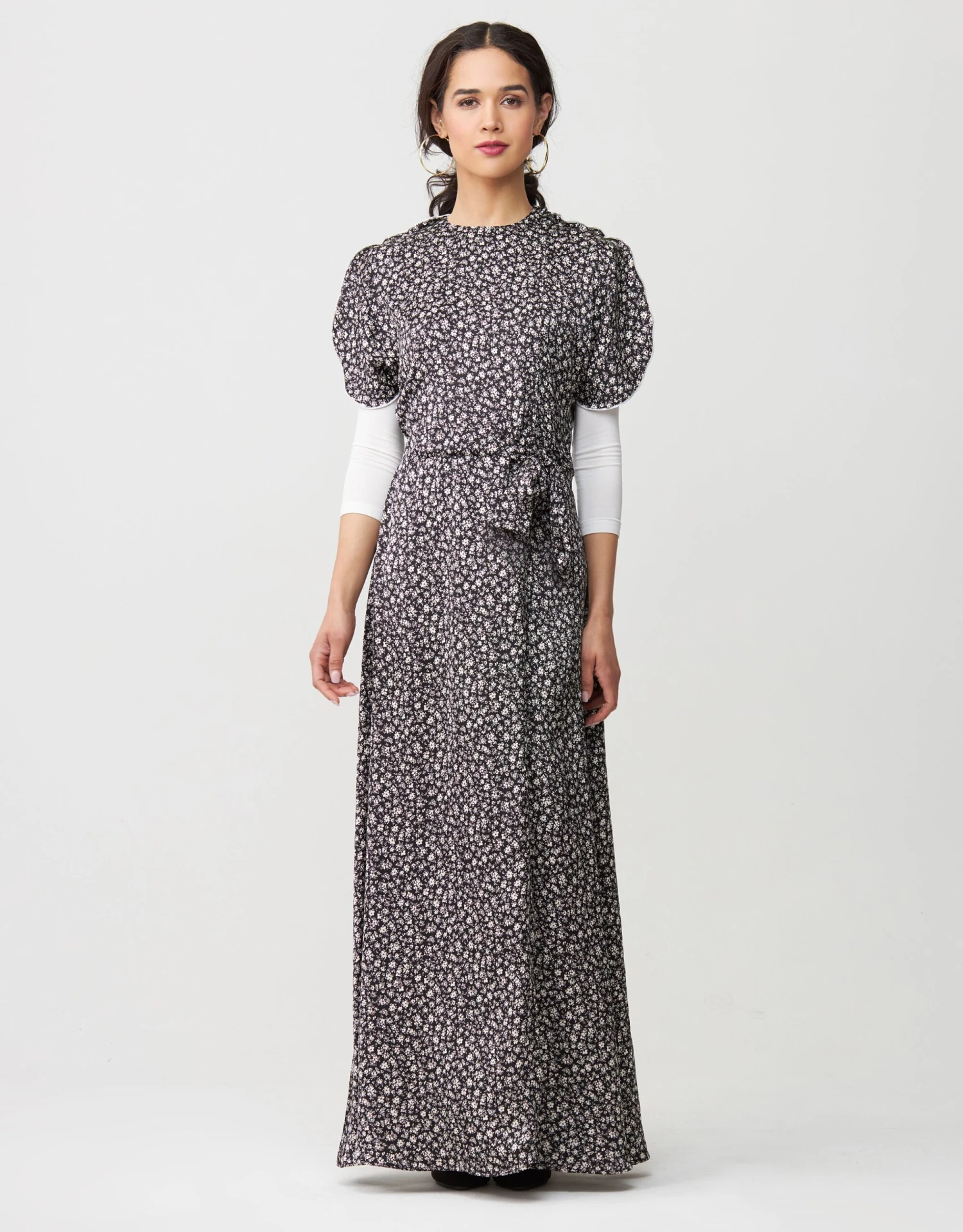 Satin Petal Sleeve Maxi Dress Shabbos Robe With Side Zip And Enclosed Self Tie Blk Floral 1 Satin Petal Sleeve Maxi Dress Shabbos Robe With Side Zip And Enclosed Self Tie Blk Floral