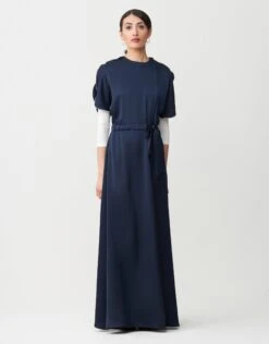 Satin Petal Sleeve Maxi Dress Shabbos Robe With Side Zip And Enclosed Self Tie Navy