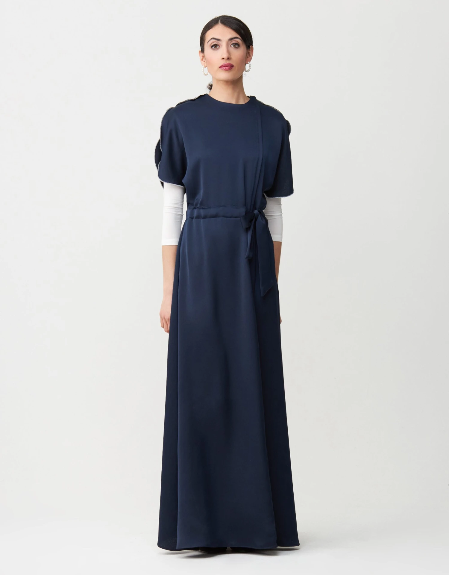 Satin Petal Sleeve Maxi Dress Shabbos Robe With Side Zip And Enclosed Self Tie Navy 1 Satin Petal Sleeve Maxi Dress Shabbos Robe With Side Zip And Enclosed Self Tie Navy