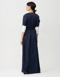 Satin Petal Sleeve Maxi Dress Shabbos Robe With Side Zip And Enclosed Self Tie Navy 5 Satin Petal Sleeve Maxi Dress Shabbos Robe With Side Zip And Enclosed Self Tie Navy -Fashionable Home Wear RF242725J EnclosedTiePetalSlv.SatinNavy2