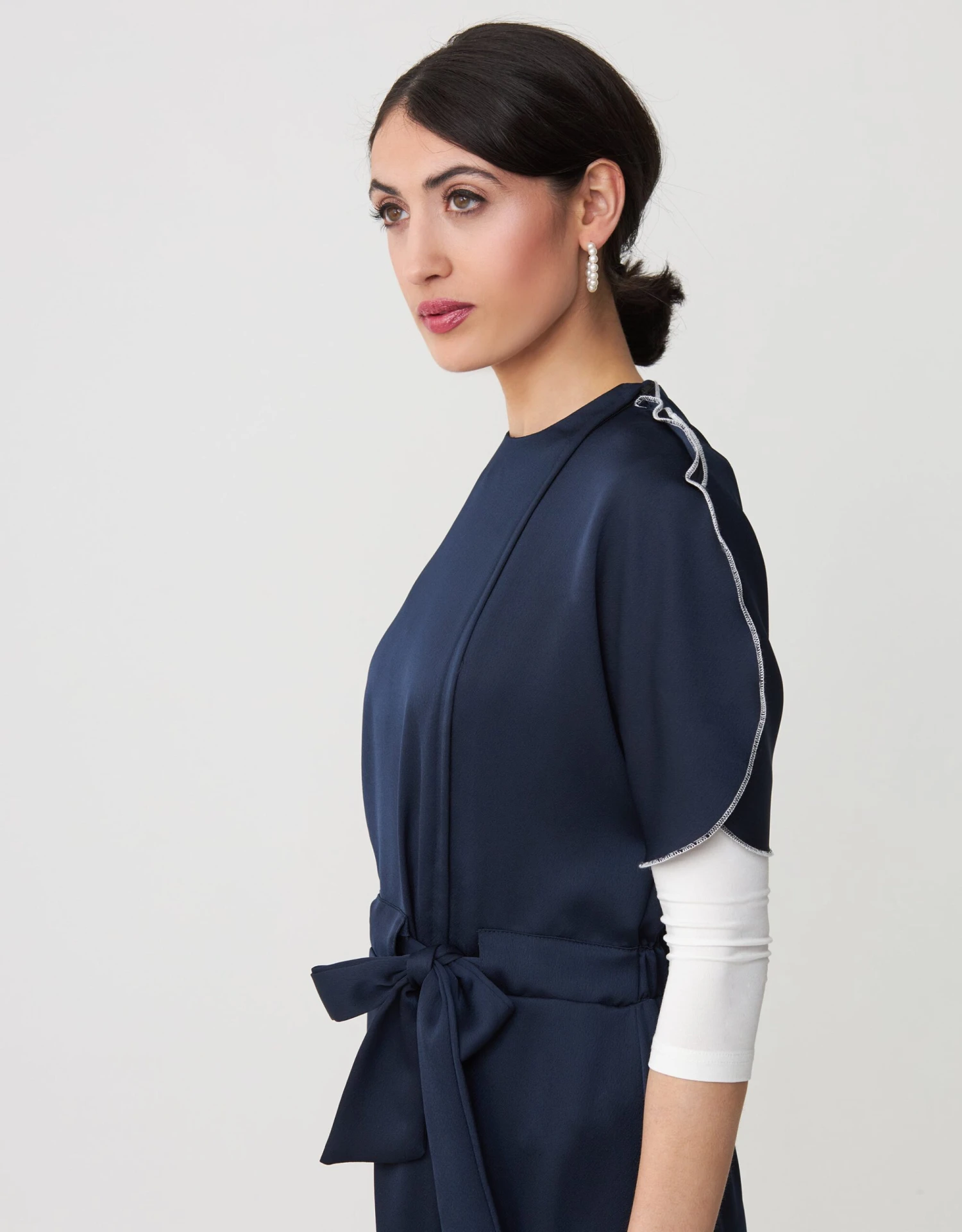 Satin Petal Sleeve Maxi Dress Shabbos Robe With Side Zip And Enclosed Self Tie Navy 2 Satin Petal Sleeve Maxi Dress Shabbos Robe With Side Zip And Enclosed Self Tie Navy - Image 2