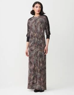 Zip Front Maxi Dress Shabbos Robe With Contrast Sleeve Trim Brown Multi