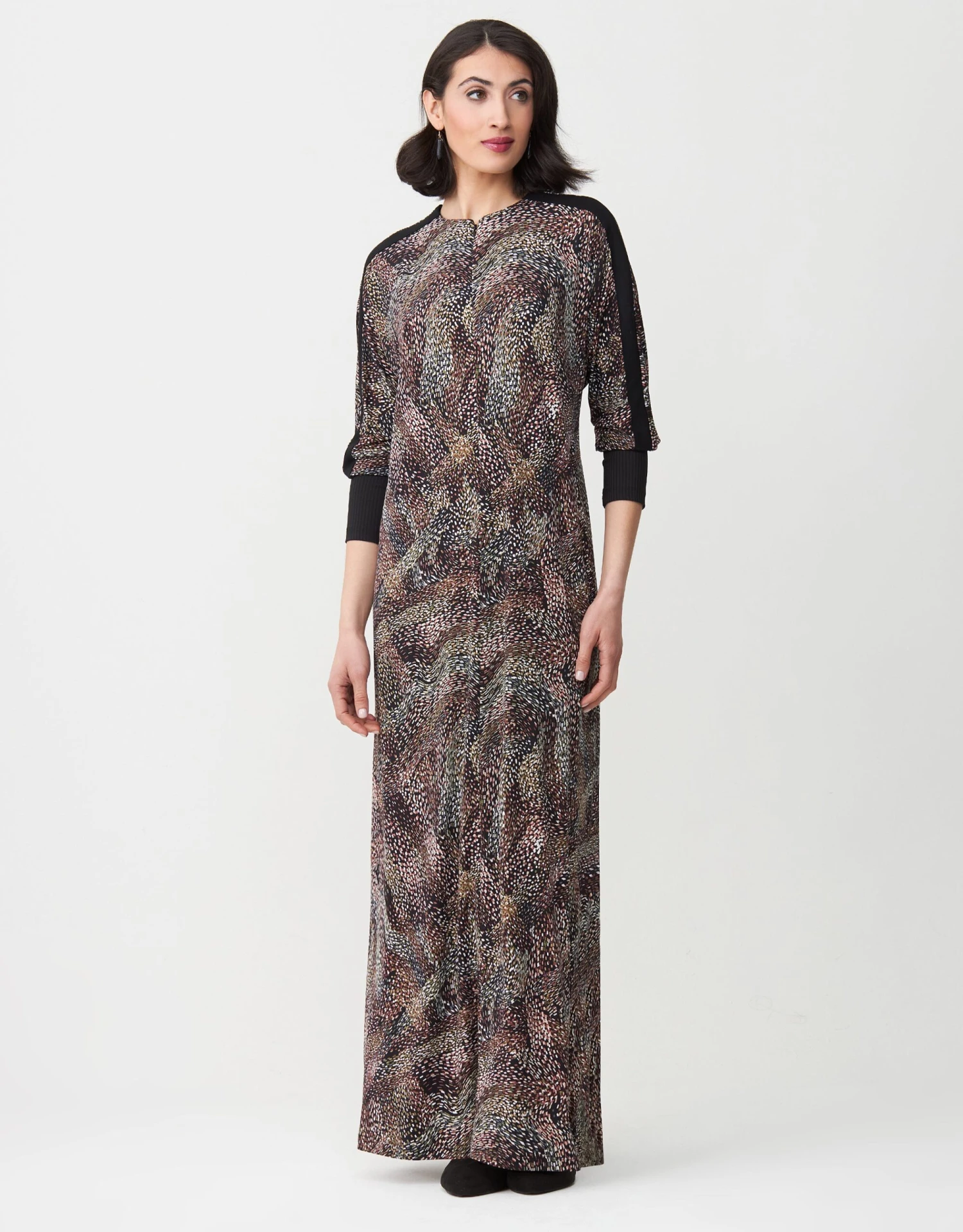 Zip Front Maxi Dress Shabbos Robe With Contrast Sleeve Trim Brown Multi 1 Zip Front Maxi Dress Shabbos Robe With Contrast Sleeve Trim Brown Multi