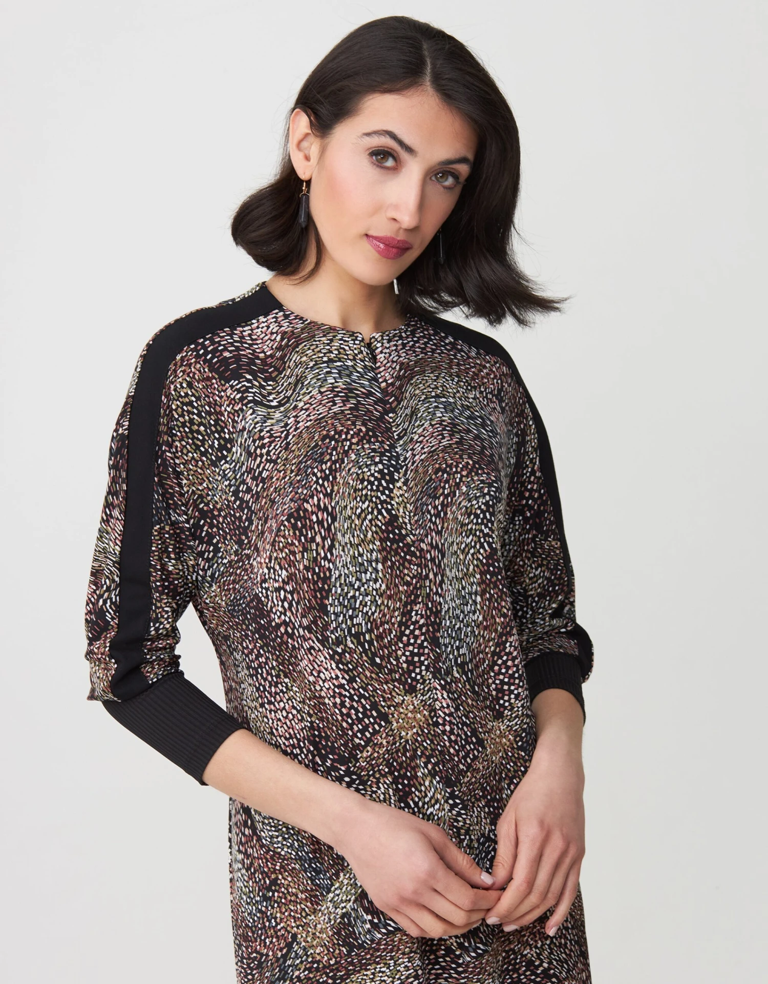 Zip Front Maxi Dress Shabbos Robe With Contrast Sleeve Trim Brown Multi 2 Zip Front Maxi Dress Shabbos Robe With Contrast Sleeve Trim Brown Multi - Image 2