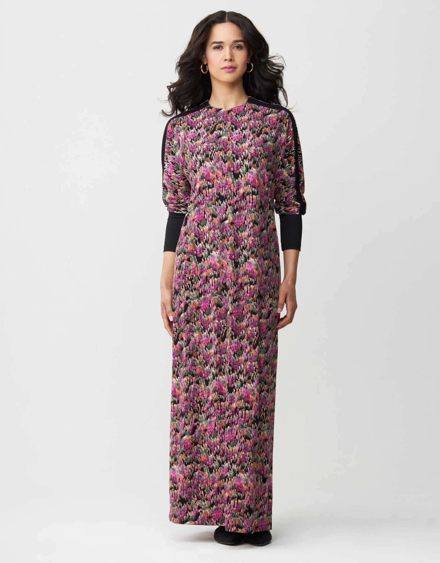 Zip Front Maxi Dress Shabbos Robe With Contrast Sleeve Trim Pink Multi 1 Zip Front Maxi Dress Shabbos Robe With Contrast Sleeve Trim Pink Multi