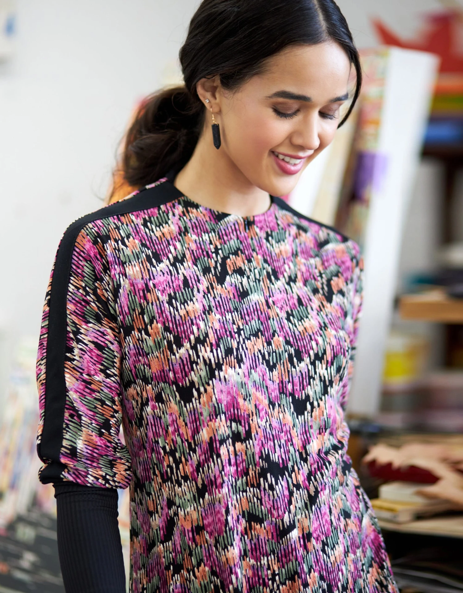 Zip Front Maxi Dress Shabbos Robe With Contrast Sleeve Trim Pink Multi 2 Zip Front Maxi Dress Shabbos Robe With Contrast Sleeve Trim Pink Multi - Image 2