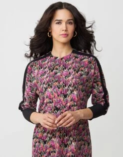 Zip Front Maxi Dress Shabbos Robe With Contrast Sleeve Trim Pink Multi 5 Zip Front Maxi Dress Shabbos Robe With Contrast Sleeve Trim Pink Multi -Fashionable Home Wear RF242728 ZipFrontContrastCuffs.PinkPrint2