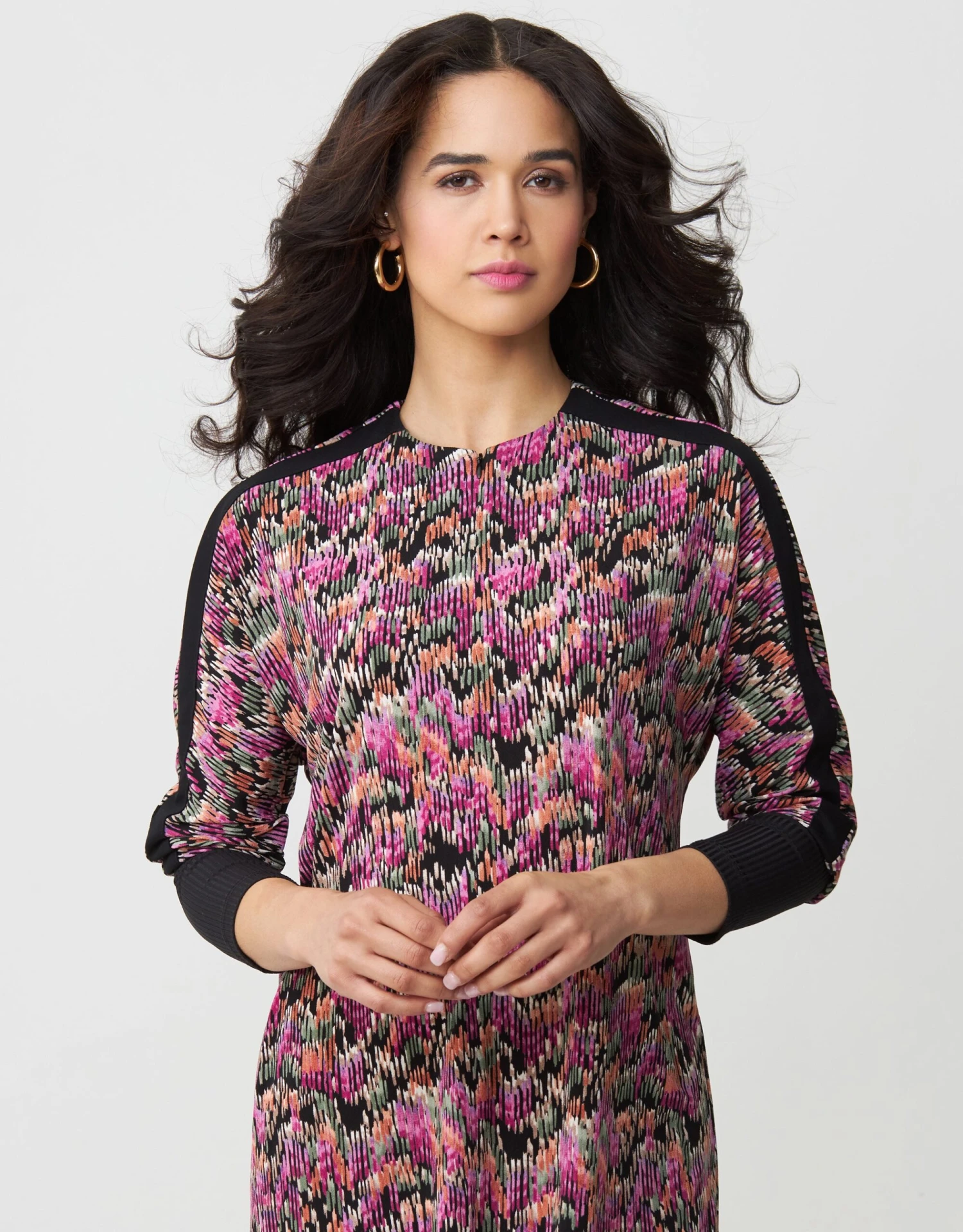 Zip Front Maxi Dress Shabbos Robe With Contrast Sleeve Trim Pink Multi 3 Zip Front Maxi Dress Shabbos Robe With Contrast Sleeve Trim Pink Multi - Image 3