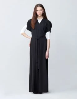 Contrast Stitched Petal Sleeve Maxi Dress Shabbos Jumper With Tie Belt Black