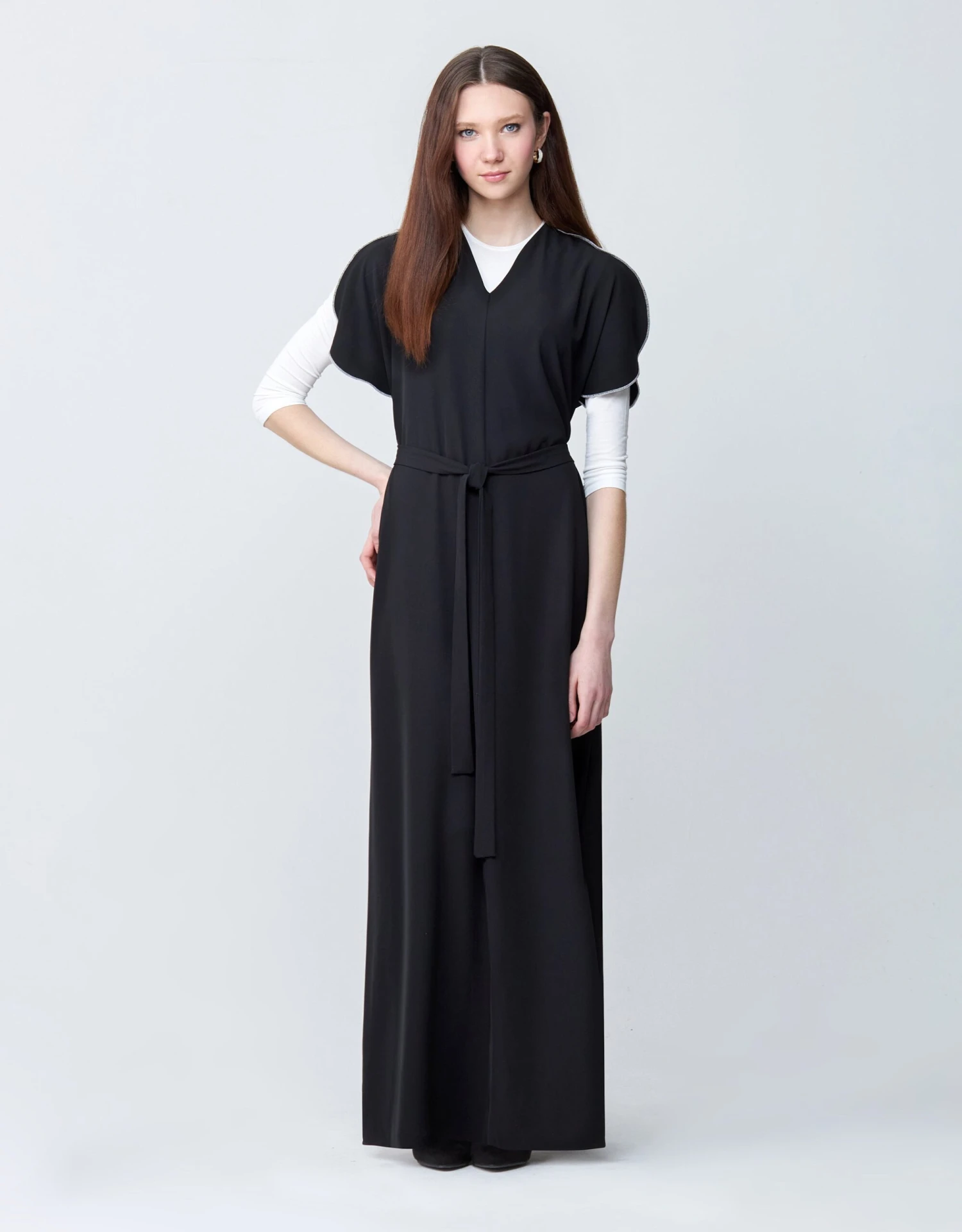 Contrast Stitched Petal Sleeve Maxi Dress Shabbos Jumper With Tie Belt Black 1 Contrast Stitched Petal Sleeve Maxi Dress Shabbos Jumper With Tie Belt Black