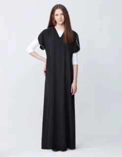Contrast Stitched Petal Sleeve Maxi Dress Shabbos Jumper With Tie Belt Black 5 Contrast Stitched Petal Sleeve Maxi Dress Shabbos Jumper With Tie Belt Black -Fashionable Home Wear RF242734J StitchedPetalSlv.BlkWht2