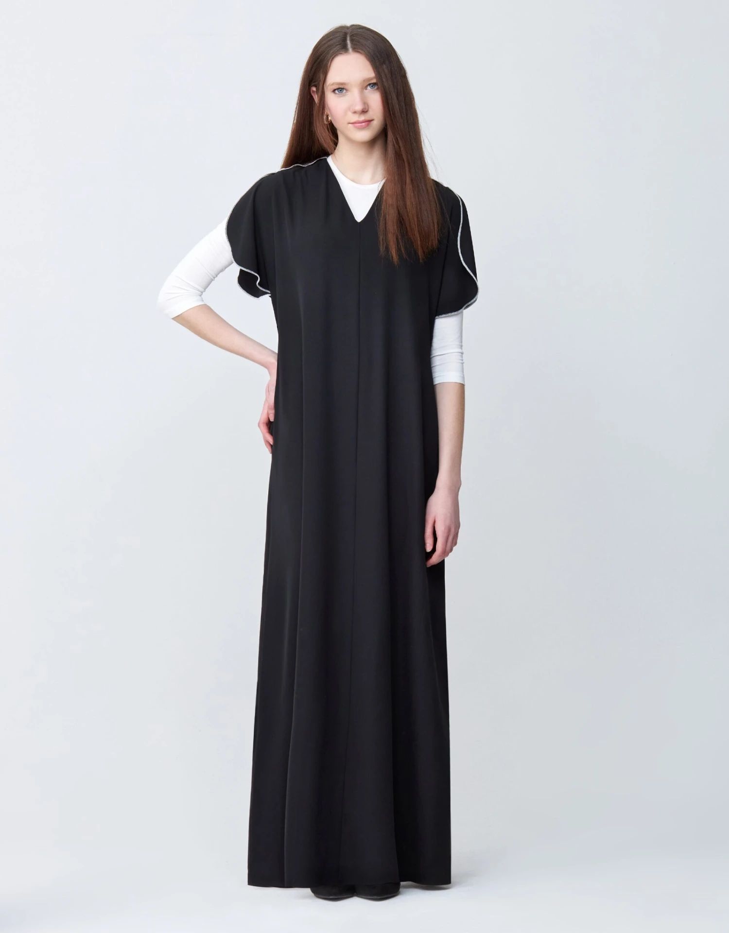 Contrast Stitched Petal Sleeve Maxi Dress Shabbos Jumper With Tie Belt Black 3 Contrast Stitched Petal Sleeve Maxi Dress Shabbos Jumper With Tie Belt Black - Image 3