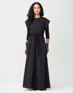 Cotton Poplin Elastic Waist Pocket Jumper With Satin Trim