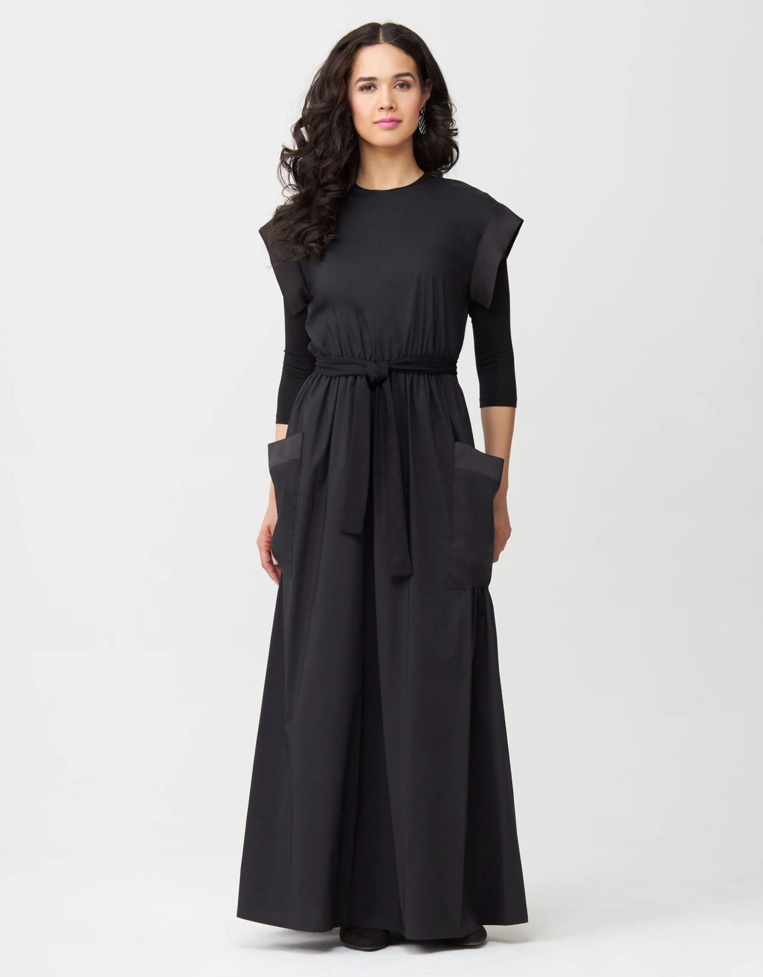 Cotton Poplin Elastic Waist Pocket Jumper With Satin Trim 1 Cotton Poplin Elastic Waist Pocket Jumper With Satin Trim