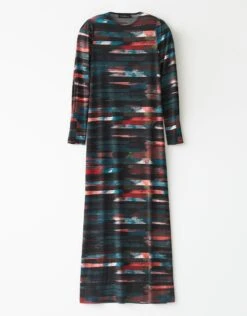 Stretch Jersey Maxi Dress Shabbos Robe With Horizontal Paintbox Stripes Teal