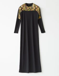 Vertical Textured Maxi Dress Shabbos Robe With Multi Print Yoke