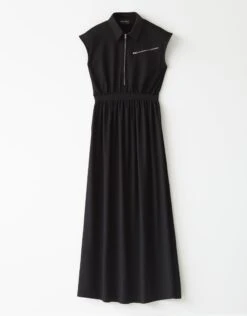 Combination Jersy And Rayon Sleeveless Maxi Dress Shabbos Robe With Zipper Trim Black