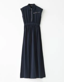 Textured Sleeveless Maxi Dress Shabbos Robe With Zipper Trim Navy