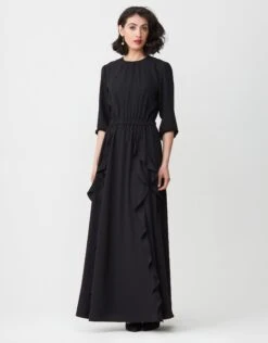 Elastic Waist Long Sleeve Lined Maxi Dress Shabbos Robe With Ruffled Skirt