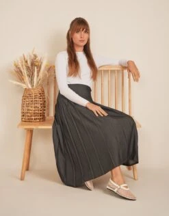 Contrast Stitched Pleat Denim Midi Skirt