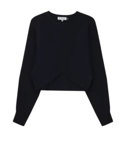 Cropped Wrap Ribbed Knit Top Dark Navy