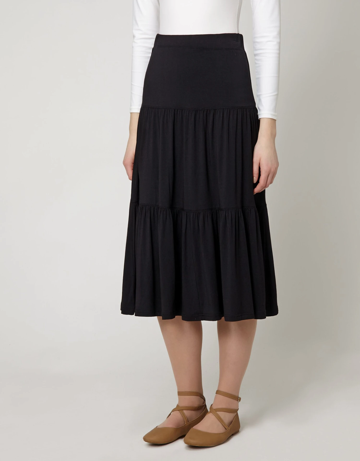 27" - 29" Modal Tiered Skirt With Covered Elastic Waistband Black 1 27" - 29" Modal Tiered Skirt With Covered Elastic Waistband Black
