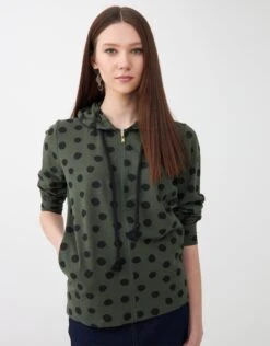 Jersey Zippered Hoodie With Rope Cord Green With Black Dots
