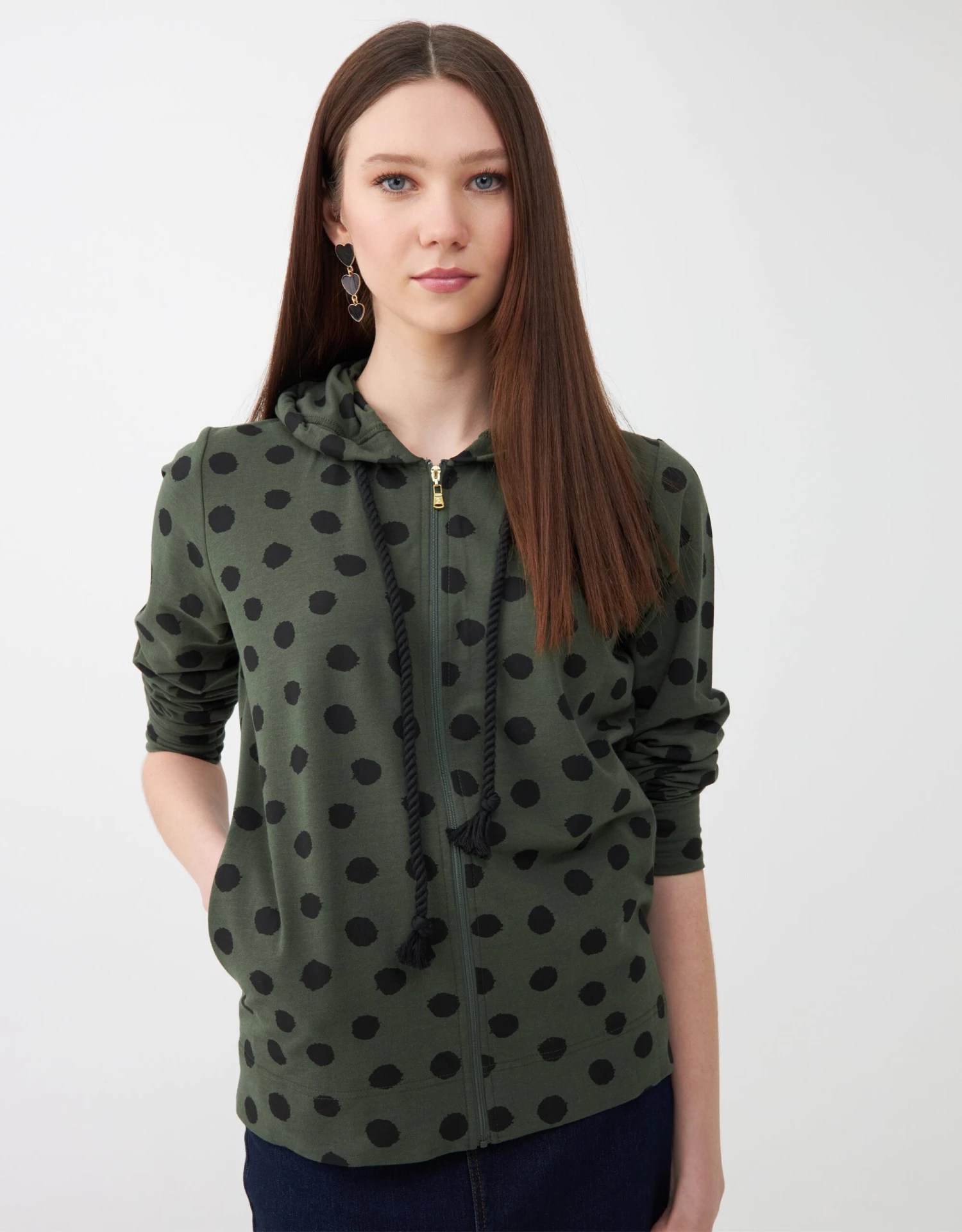 Jersey Zippered Hoodie With Rope Cord Green With Black Dots 1 Jersey Zippered Hoodie With Rope Cord Green With Black Dots