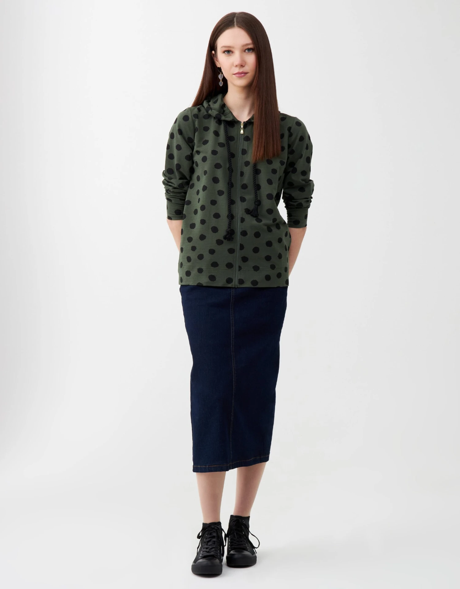 Jersey Zippered Hoodie With Rope Cord Green With Black Dots 2 Jersey Zippered Hoodie With Rope Cord Green With Black Dots - Image 2