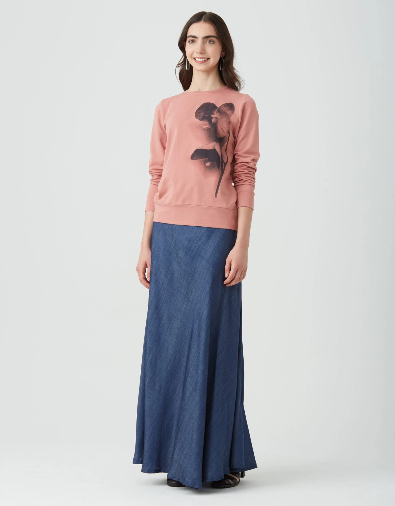 40" Aline Chambray Skirt With Elastic Drawstring Waist Dark Blue Denim 2 40" Aline Chambray Skirt With Elastic Drawstring Waist Dark Blue Denim - Image 2