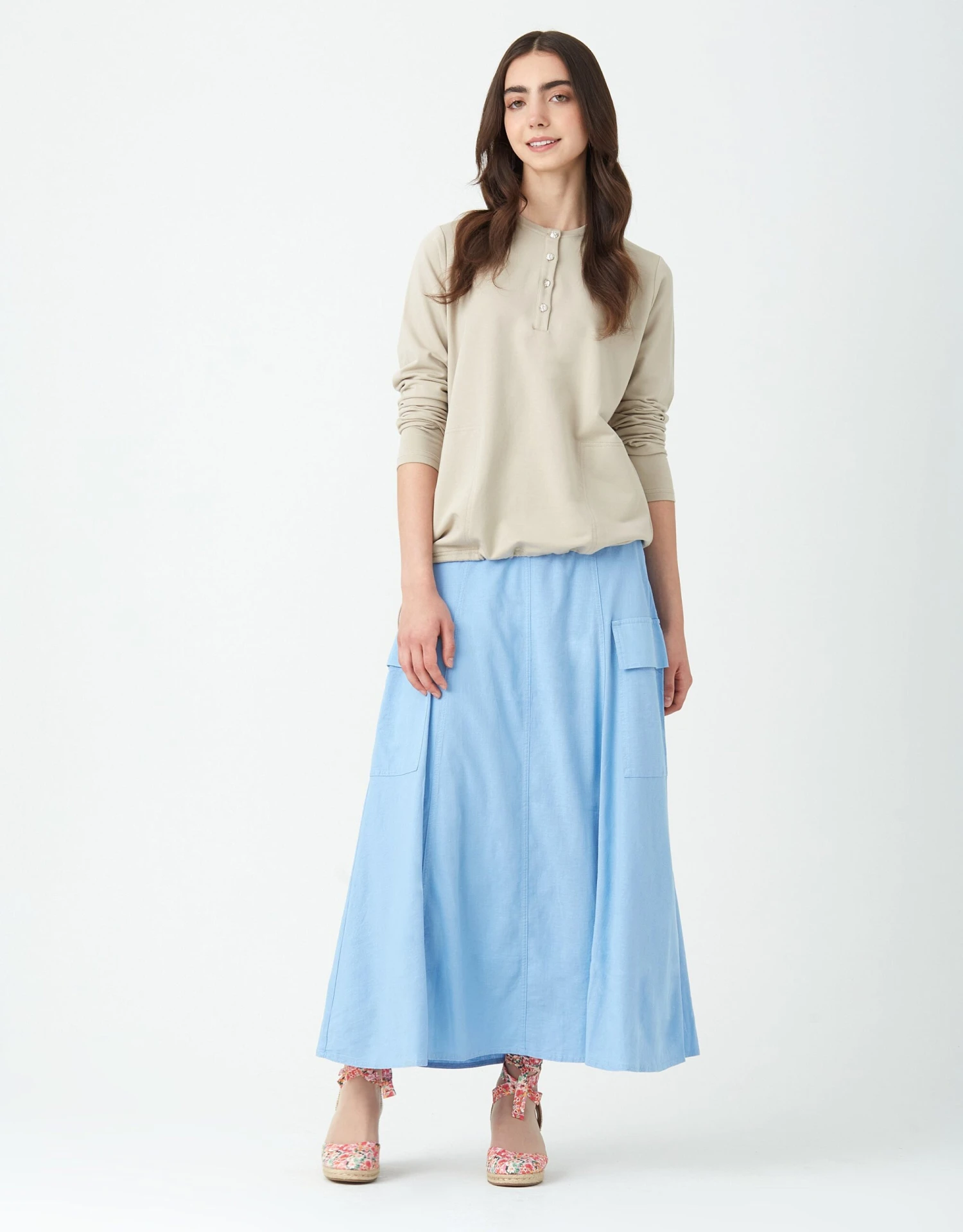 Stretch French Terry Jewel Button Bungee Top Latte 2 Stretch French Terry Jewel Button Bungee Top Latte - Image 2