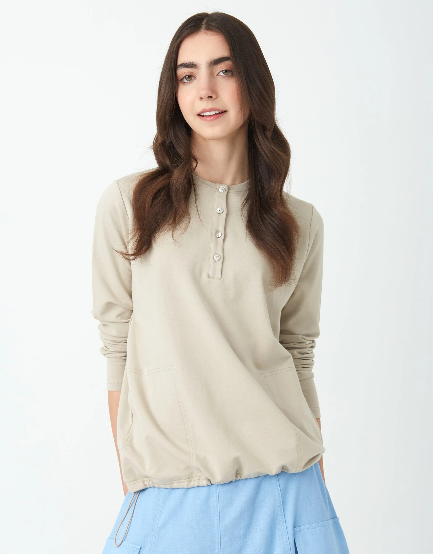 Stretch French Terry Jewel Button Bungee Top Latte 1 Stretch French Terry Jewel Button Bungee Top Latte
