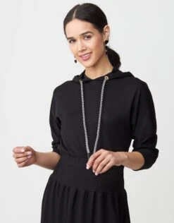 Jersey Hoodie Robe With Ribbed Midriff And Contrast Cord -Fashionable Home Wear SSP2414 MidriffHoodieRobe.Blk2