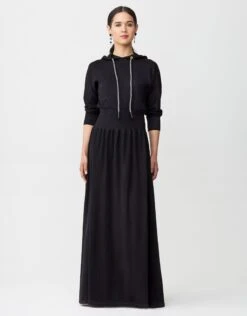 Jersey Hoodie Robe With Ribbed Midriff And Contrast Cord