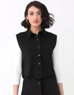 SuperSoft Sleeveless Cropped Button Vest With Collar And Pocket Black