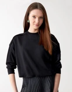 Raw Edged Jersey Bubble Crew Top Black