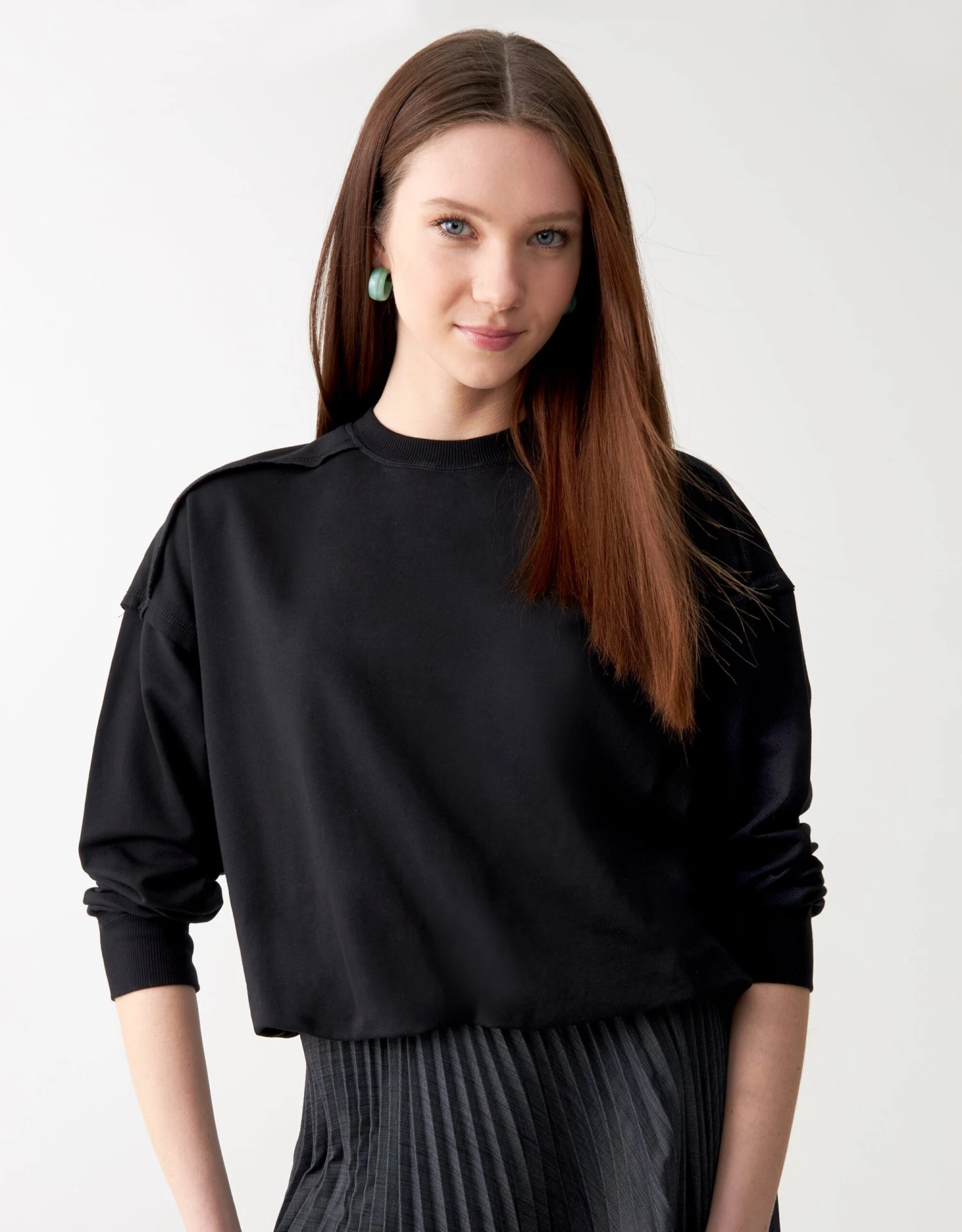 Raw Edged Jersey Bubble Crew Top Black 1 Raw Edged Jersey Bubble Crew Top Black