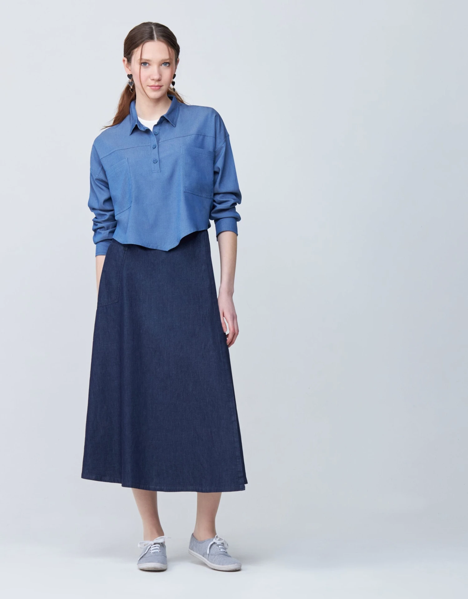 34" Mock Wrap Skirt With Patch Pocket Navy Denim 2 34" Mock Wrap Skirt With Patch Pocket Navy Denim - Image 2
