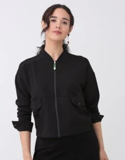 SuperSoft Cargo Bomber Jacket With Green Zipper Pull Black