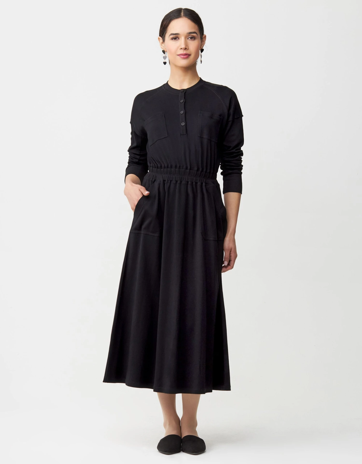 Jersey Dolman Midi Dress With Buttons And Patch Pockets 1 Jersey Dolman Midi Dress With Buttons And Patch Pockets